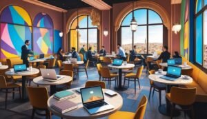 People working on laptops in a cafe with city views and colorful windows