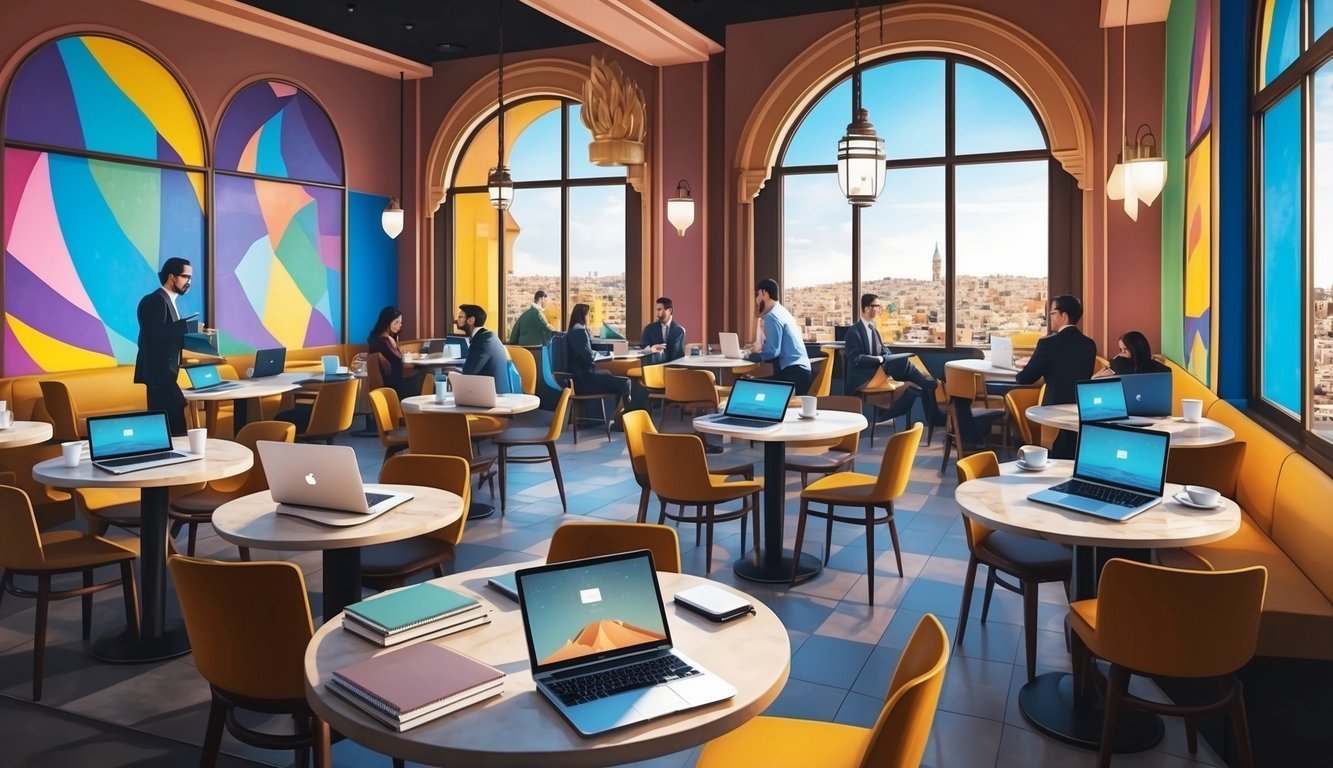 People working on laptops in a cafe with city views and colorful windows