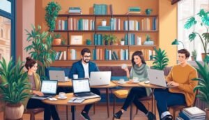 Four people working on laptops at round tables in a cafe