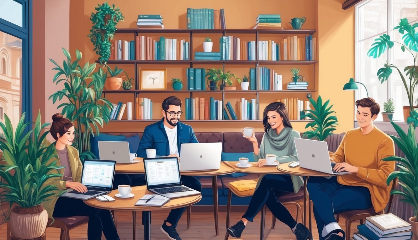 Four people working on laptops at round tables in a cafe