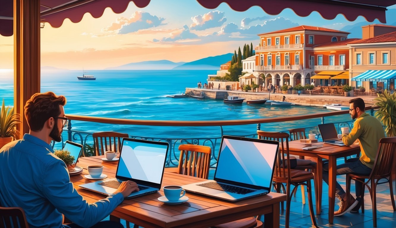 People working on laptops at a cafe overlooking a scenic waterfront