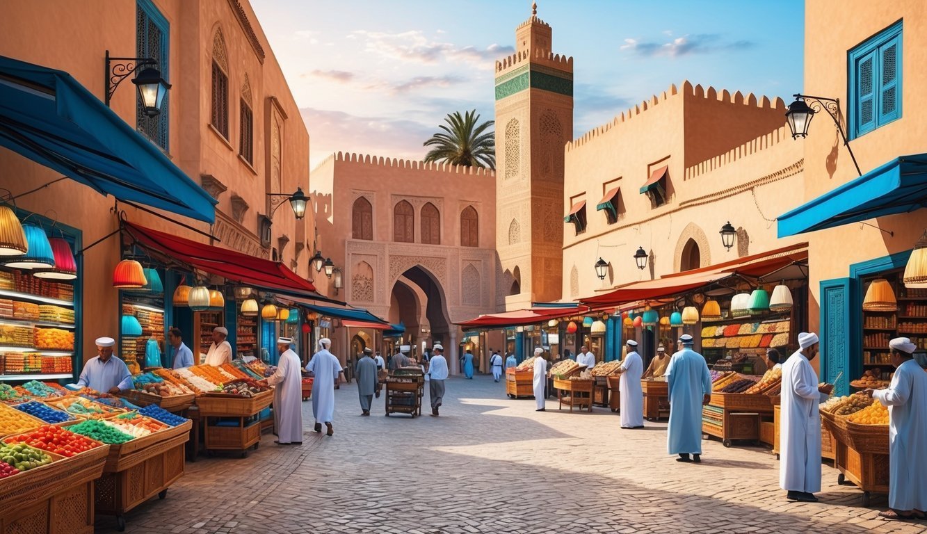 Busy marketplace scene with vendors, colorful goods, and traditional architecture