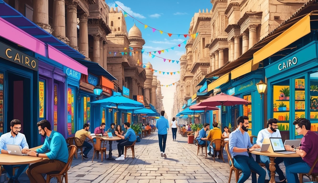 Street scene in Cairo with cafes, people, and colorful awnings