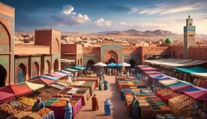 Busy marketplace with colorful stalls, people, and traditional architecture in a desert city
