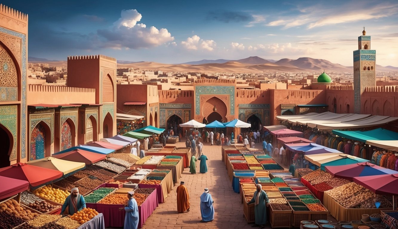 Busy marketplace with colorful stalls, people, and traditional architecture in a desert city