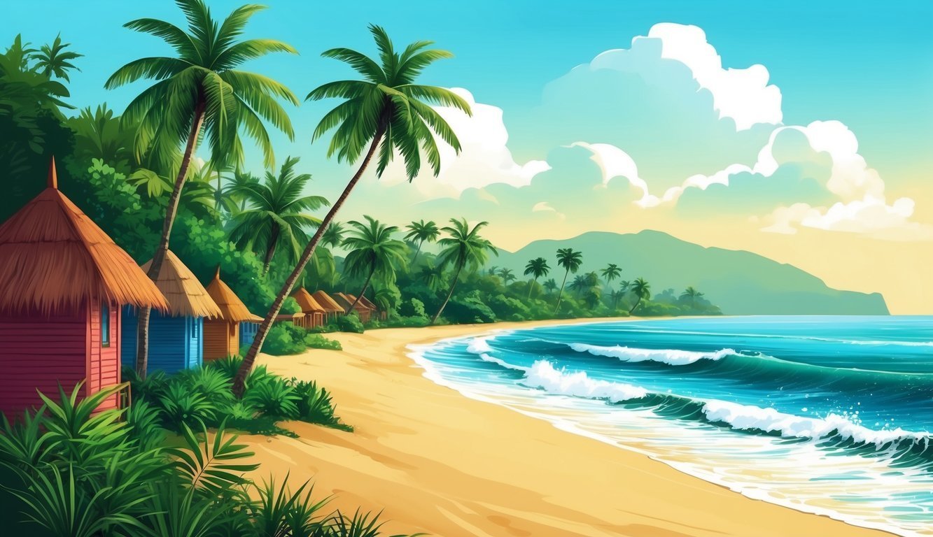 Tropical beach scene with huts, palm trees, and ocean waves