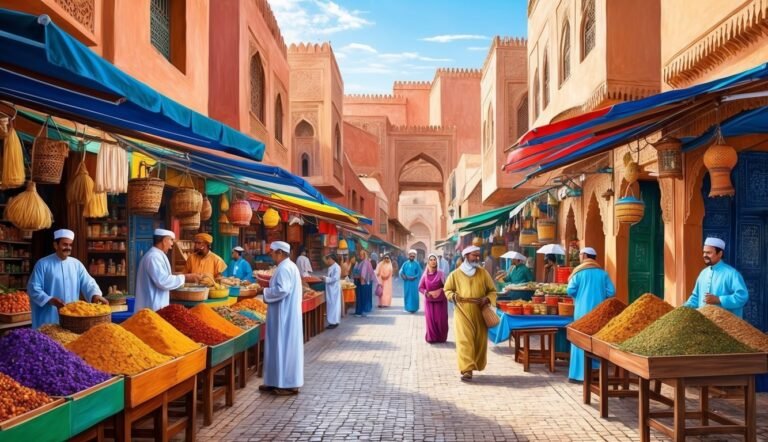 Busy marketplace with colorful spices, vendors, and traditional architecture