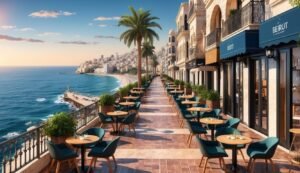 Outdoor restaurant with ocean view, palm trees, and city skyline in the background