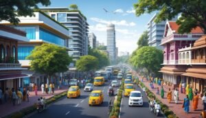 Busy city street with cars, pedestrians, and traditional buildings