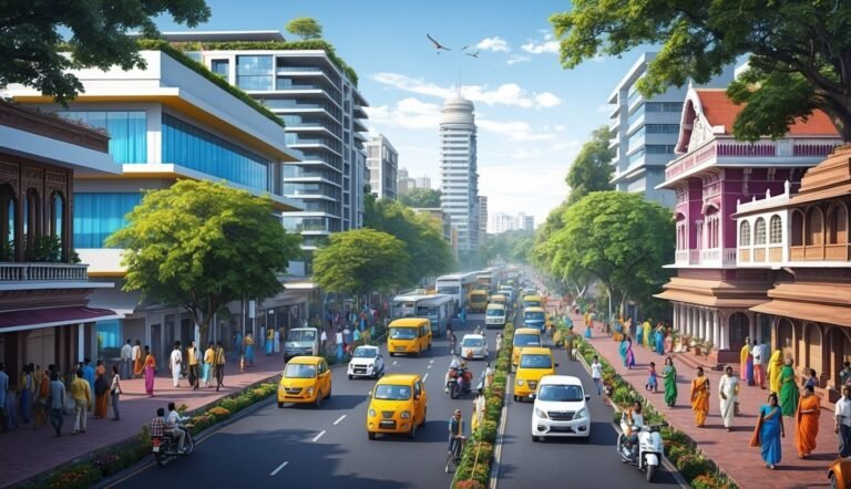 Busy city street with cars, pedestrians, and traditional buildings