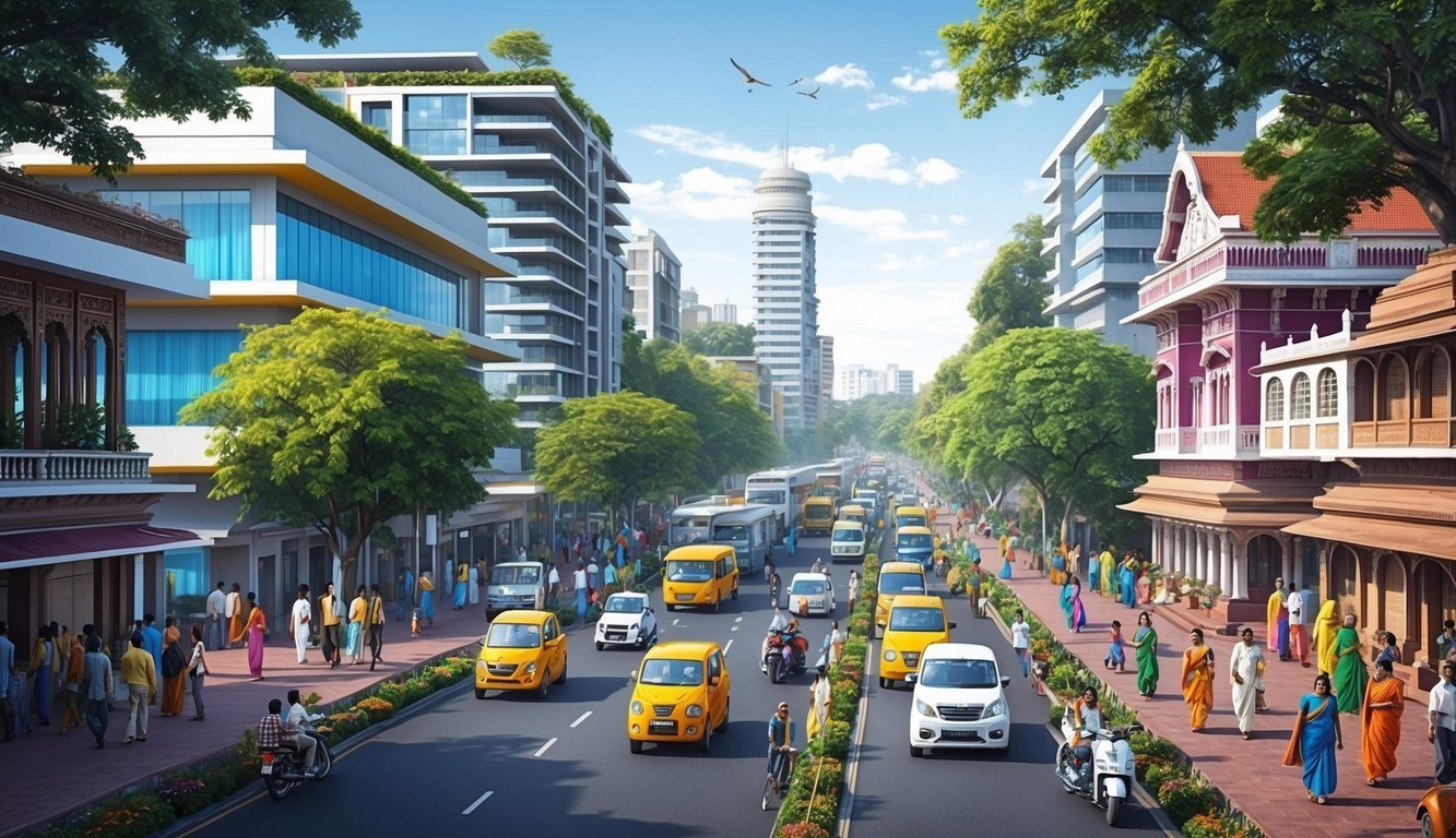 Busy city street with cars, pedestrians, and traditional buildings