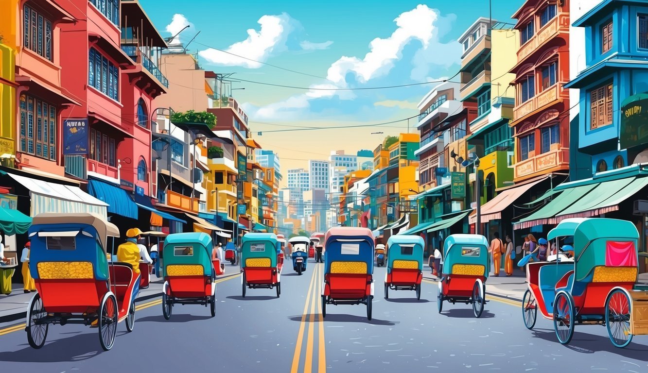 Colorful street scene with rickshaws, buildings, and a bright blue sky