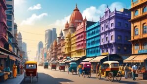 Colorful buildings and rickshaws line a street in a vibrant city