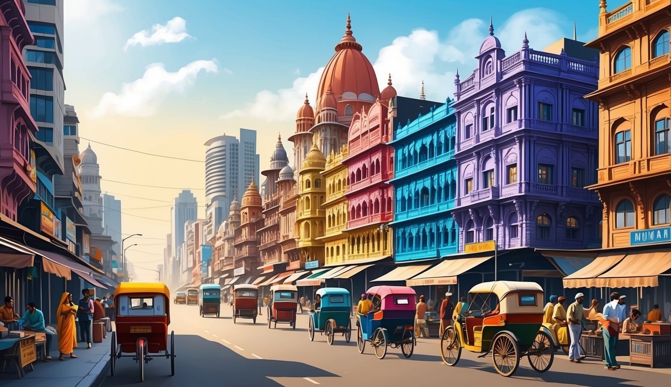 Colorful buildings and rickshaws line a street in a vibrant city