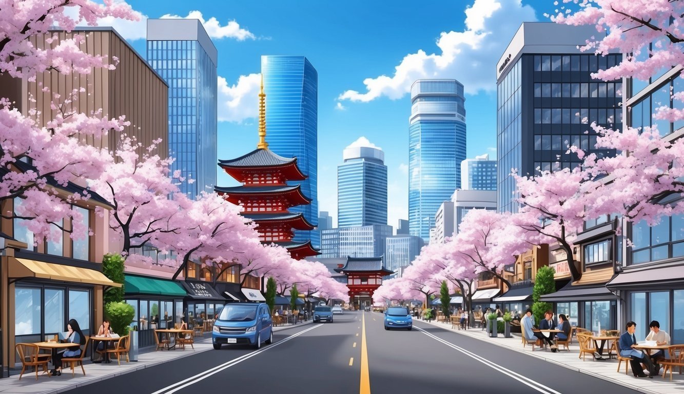 Anime-style cityscape with cherry blossoms, pagodas, and modern skyscrapers