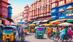 Busy street scene in India with colorful buildings and rickshaws