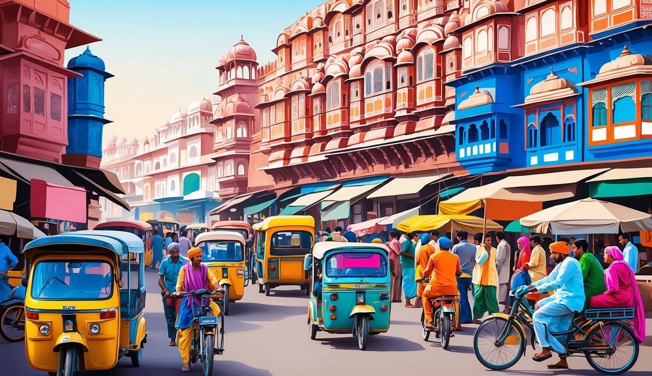 Busy street scene in India with colorful buildings and rickshaws