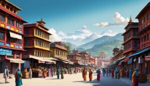 Street scene with traditional buildings, people, and snow-capped mountains in background