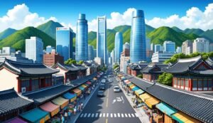 Cityscape with traditional buildings, modern skyscrapers, and green mountains in the background