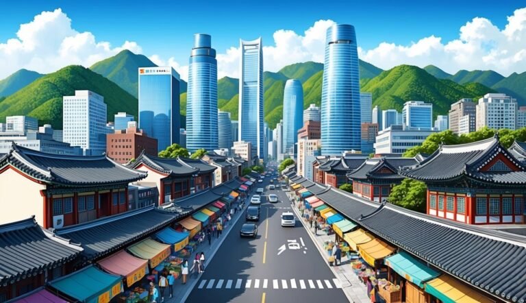 Cityscape with traditional buildings, modern skyscrapers, and green mountains in the background