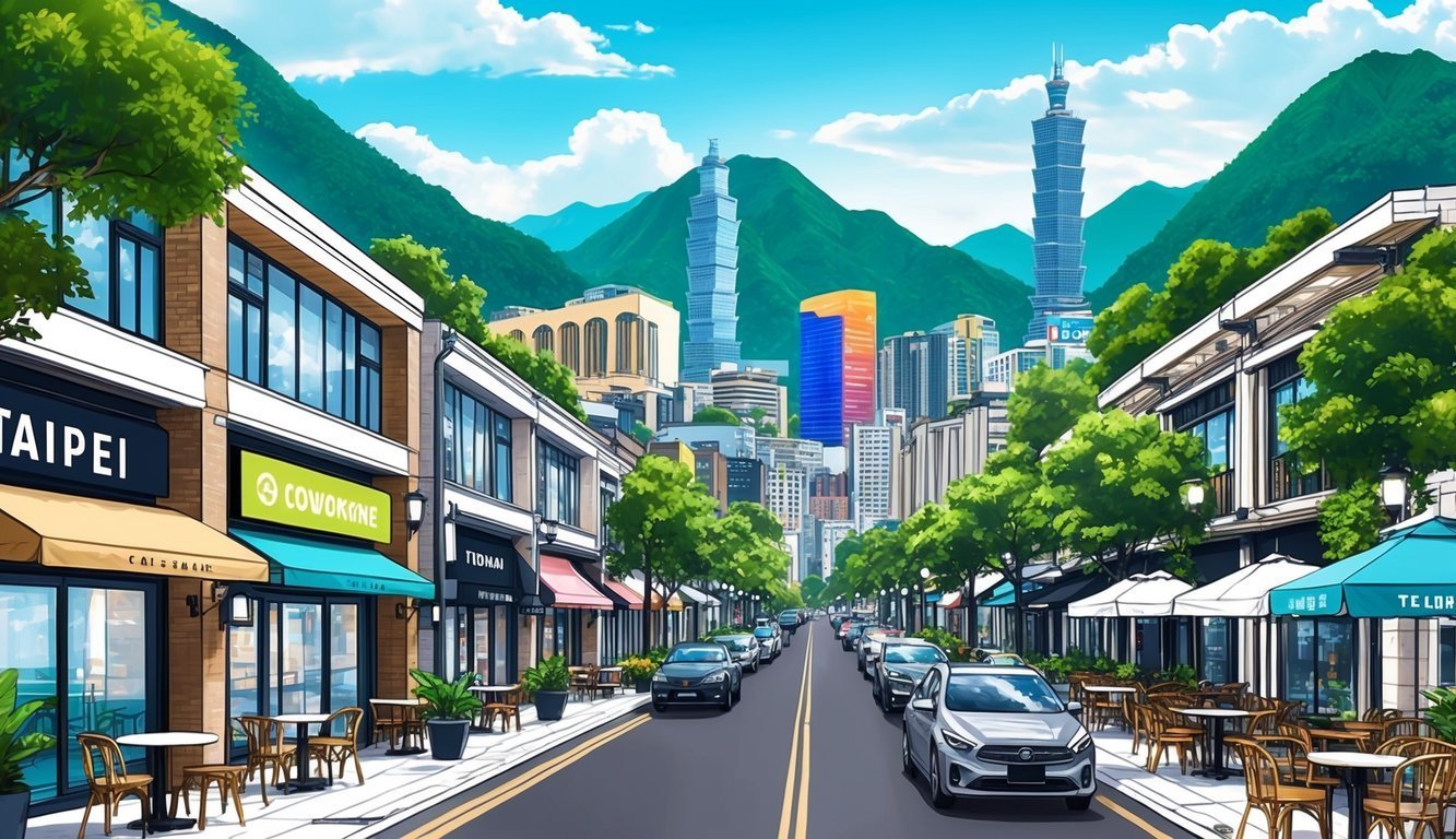 Street view of Taipei with shops, cars, and mountains in the background