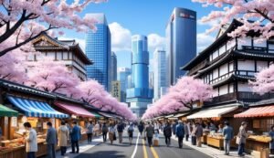 Cherry blossoms and traditional buildings line a street with modern skyscrapers