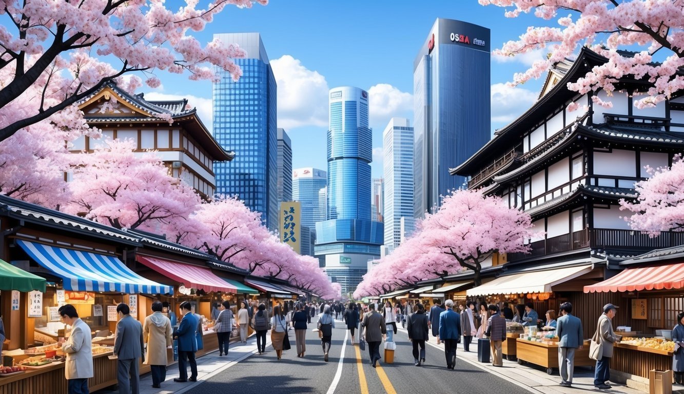 Cherry blossoms and traditional buildings line a street with modern skyscrapers
