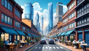 Street scene with traditional buildings, modern skyscrapers, and people at cafes