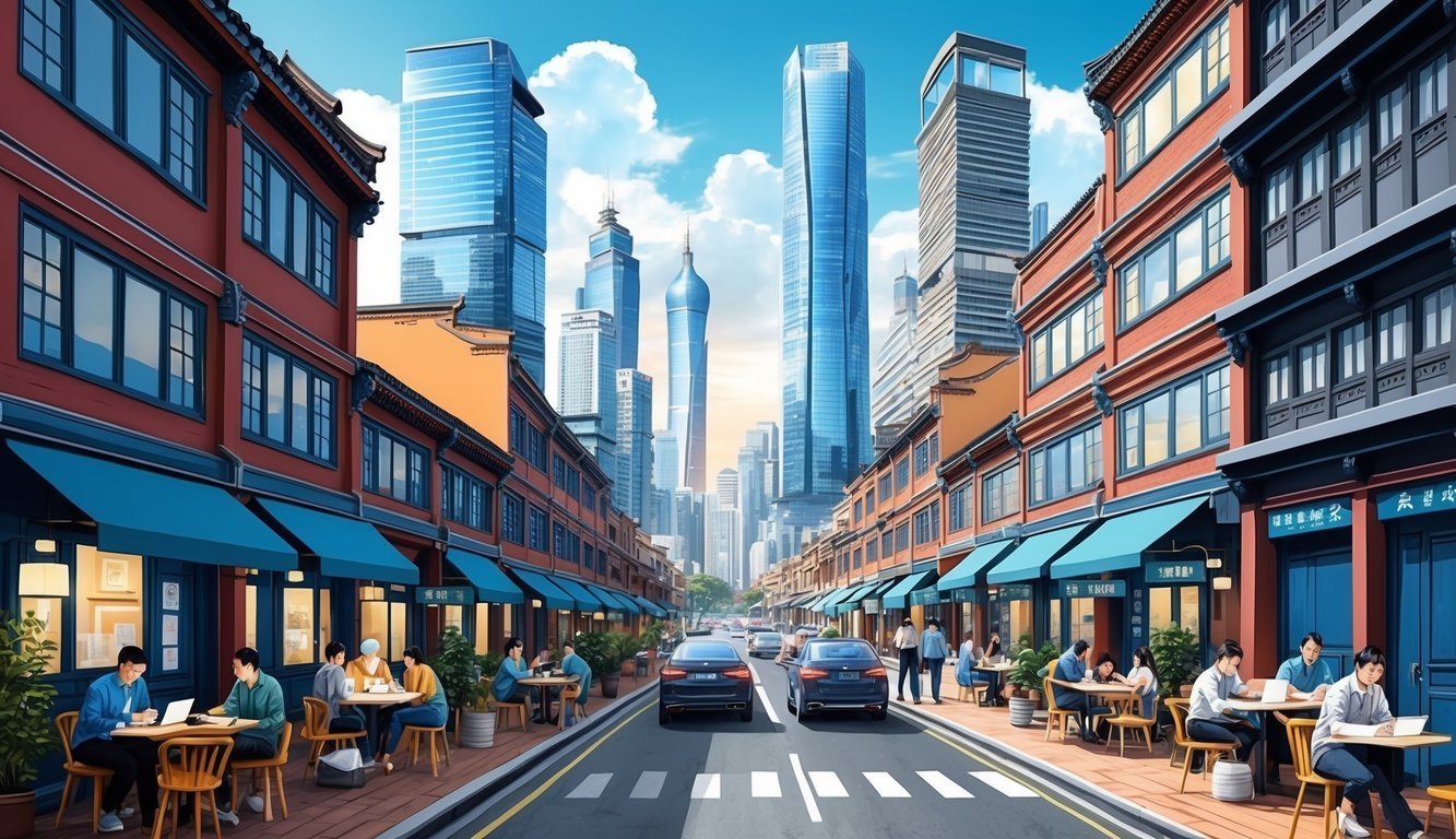 Street scene with traditional buildings, modern skyscrapers, and people at cafes