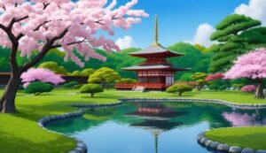 Japanese pagoda, cherry blossoms, and pond in a serene garden landscape