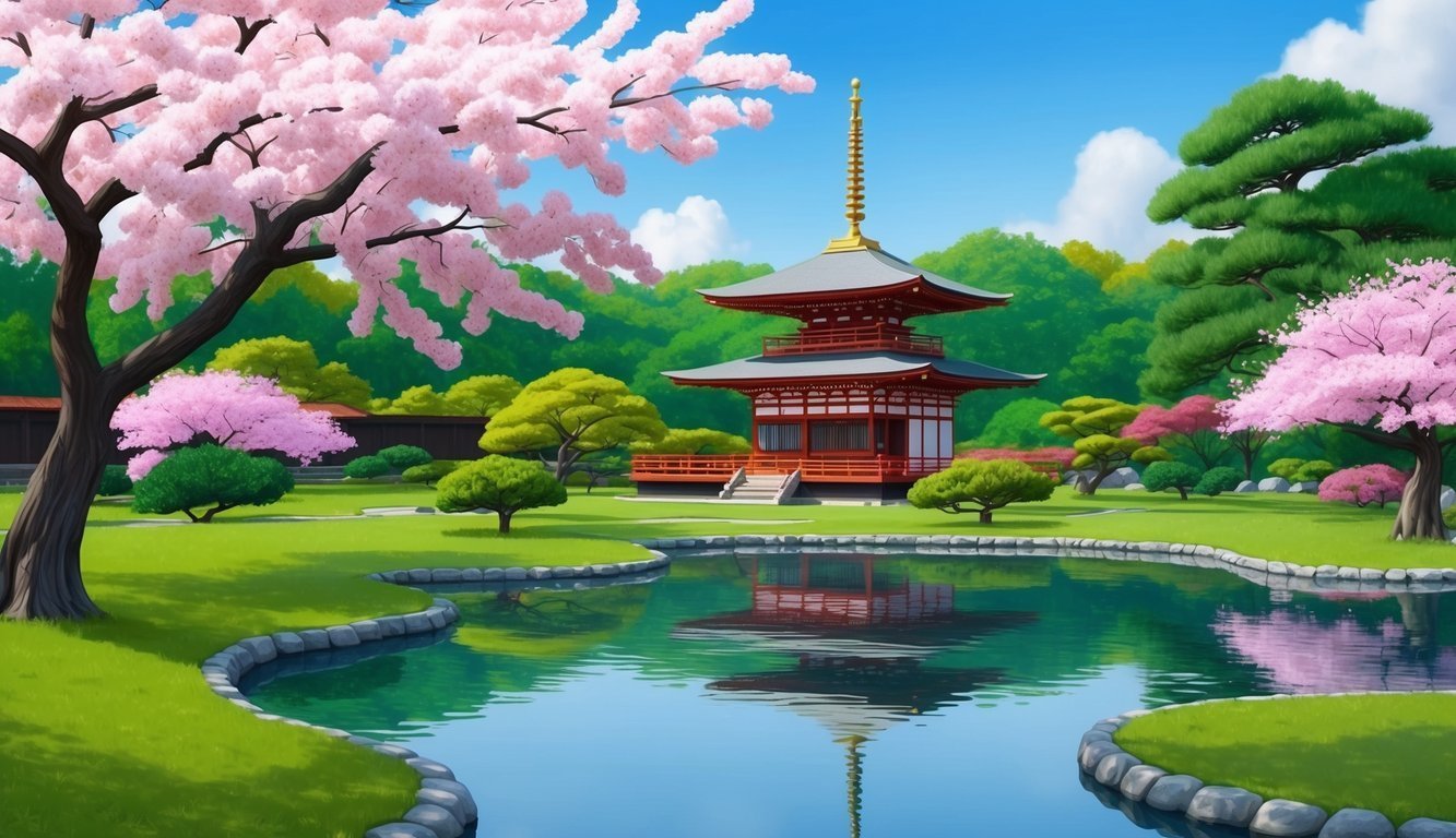 Japanese pagoda, cherry blossoms, and pond in a serene garden landscape