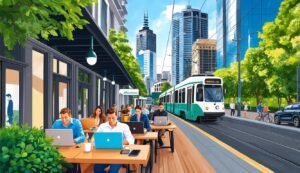 People working on laptops at outdoor cafe, tram in city