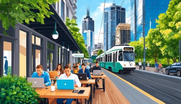 People working on laptops at outdoor cafe, tram in city