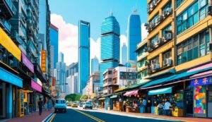 Street scene with tall buildings, shops, people, and cars in a city