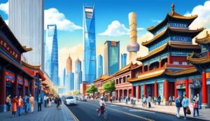 Cityscape with traditional Chinese buildings, modern skyscrapers, and people walking