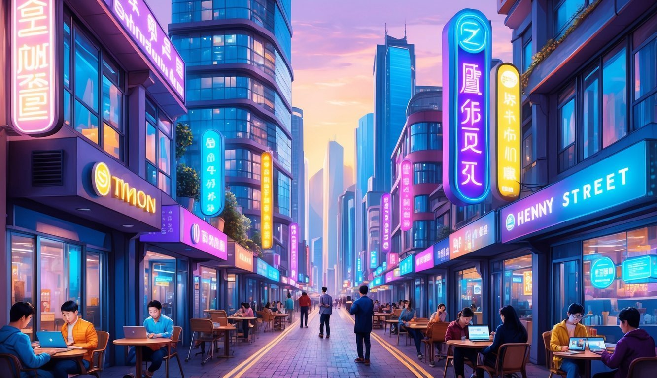 Neon-lit Asian street scene with people, restaurants, and tall buildings