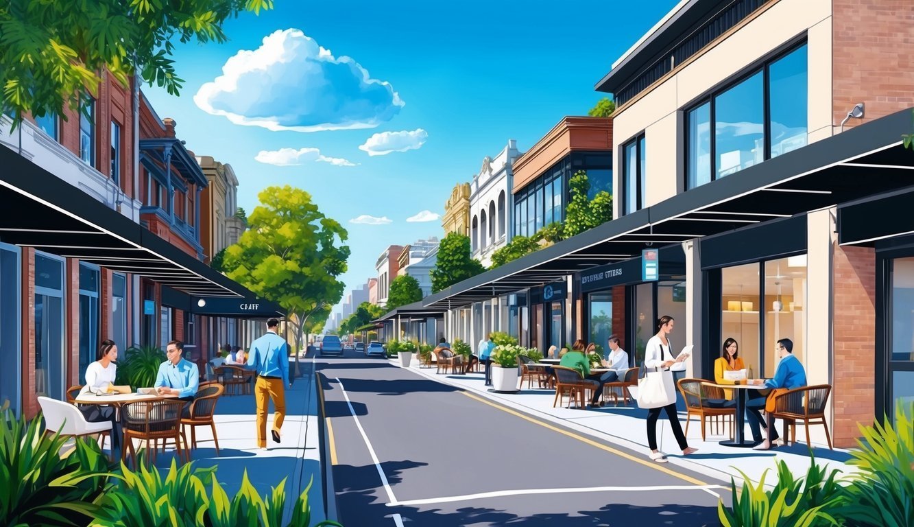 Street scene with cafes, people, and buildings under a bright blue sky
