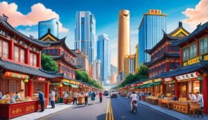 Traditional Chinese buildings line a street with modern skyscrapers in the background