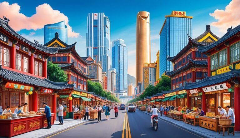 Traditional Chinese buildings line a street with modern skyscrapers in the background