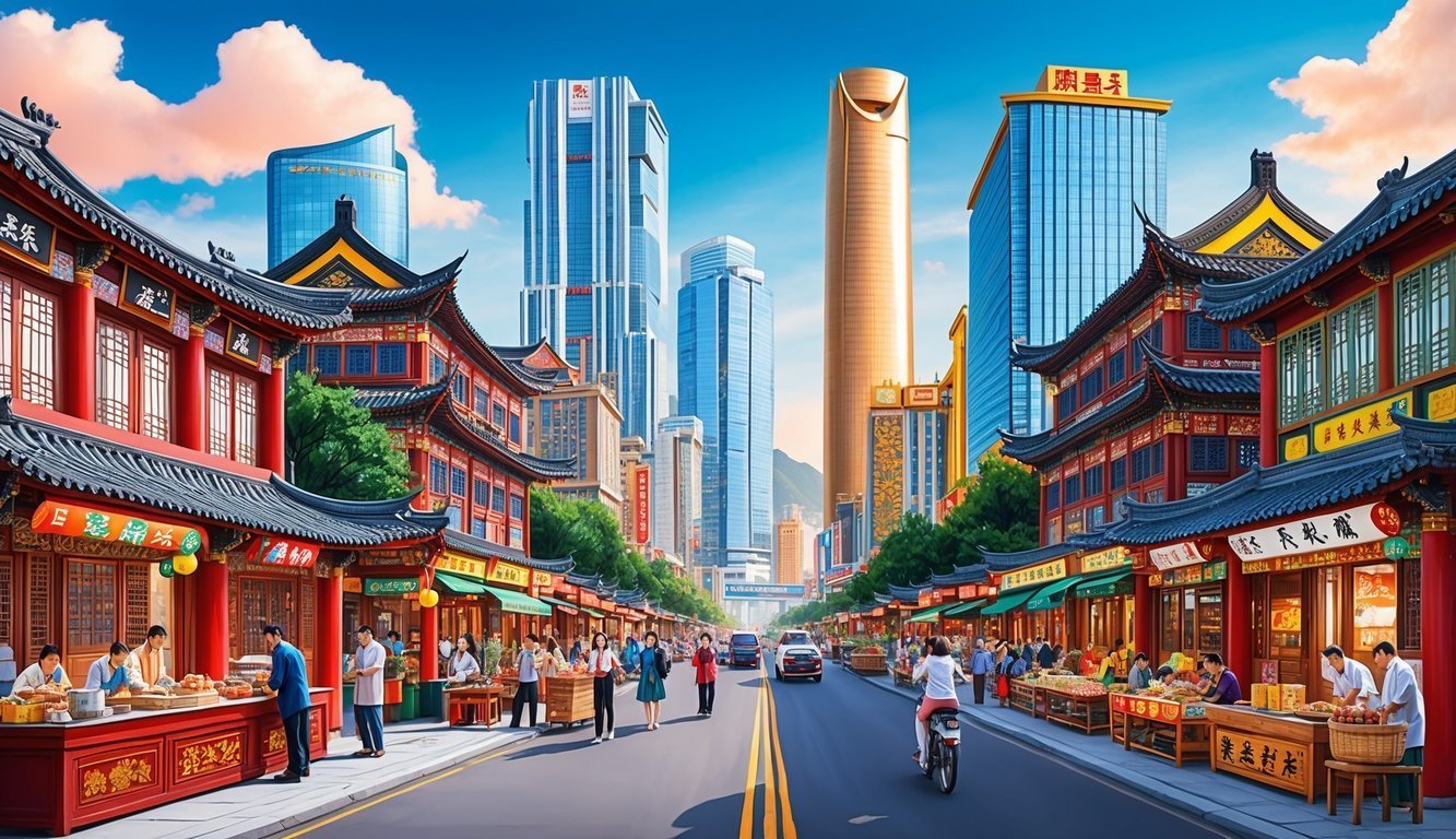 Traditional Chinese buildings line a street with modern skyscrapers in the background