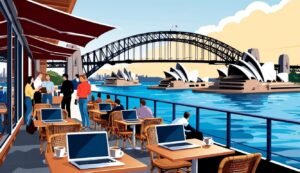 Sydney cafe with Opera House and Harbour Bridge in background