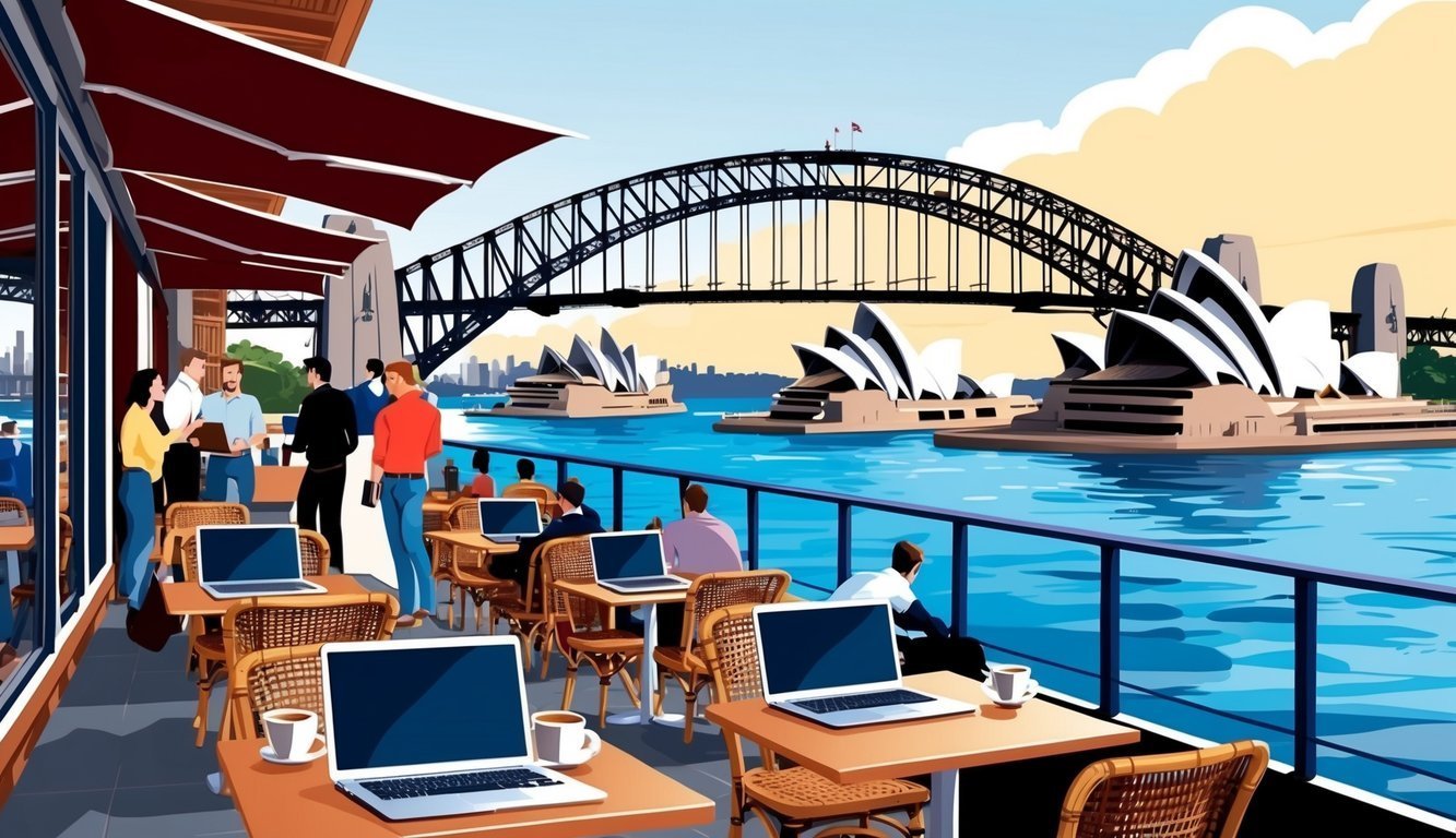 Sydney cafe with Opera House and Harbour Bridge in background