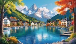Scenic view of a lake town with mountains in the background
