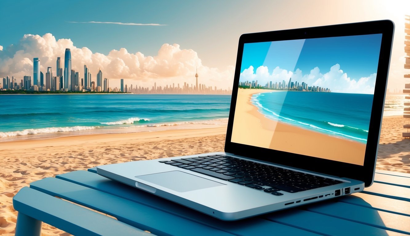 Laptop on a blue table at the beach, city skyline in background