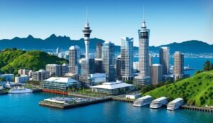 City skyline with skyscrapers, harbor, and mountains in the background