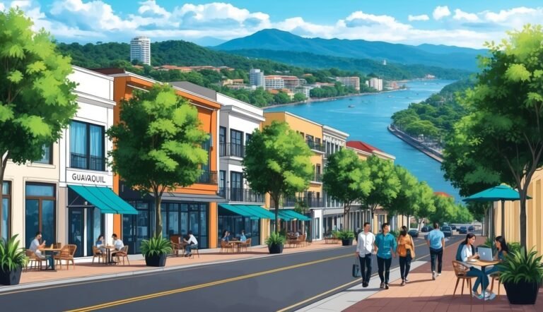 Street scene with colorful buildings, river, mountains, and people