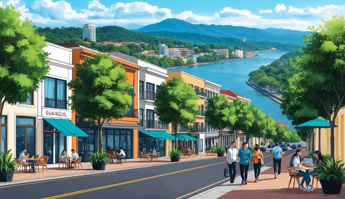Street scene with colorful buildings, river, mountains, and people