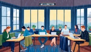 People working on laptops in a Wellington cafe during a rainstorm