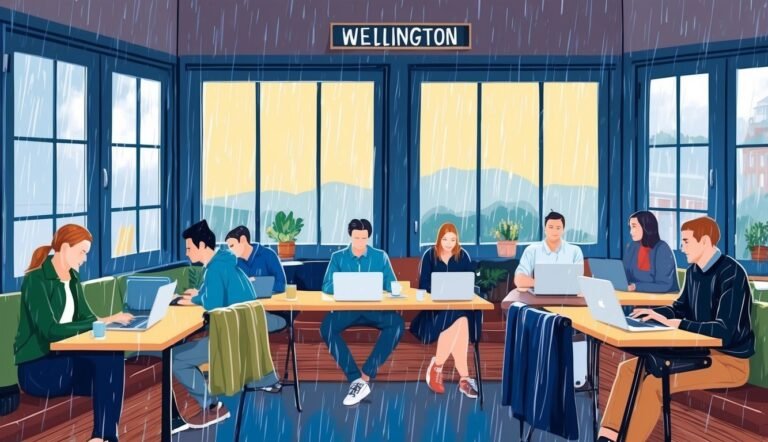 People working on laptops in a Wellington cafe during a rainstorm
