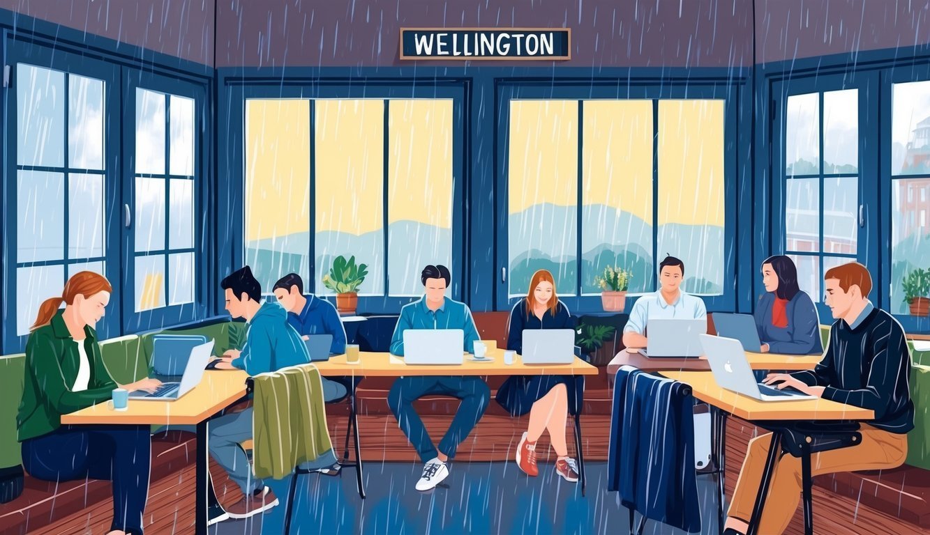 People working on laptops in a Wellington cafe during a rainstorm